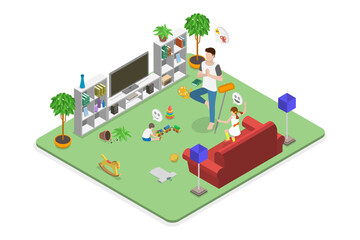 3D Isometric Flat  Illustration of Calm Father, Dad in Chaos