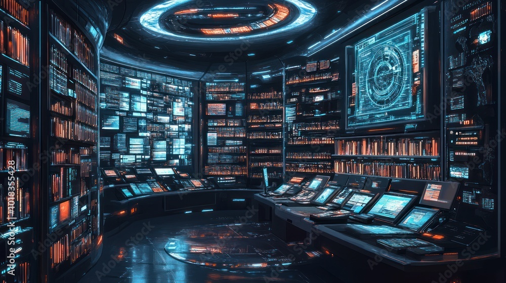 Poster a futuristic, high-tech library with multiple screens and a large, glowing holographic display in th
