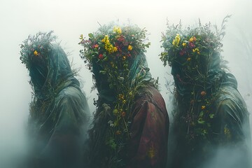 Three figures adorned with flowers and foliage emerge from the mist.