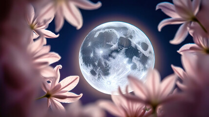 A close up of a moon with a flower in the background