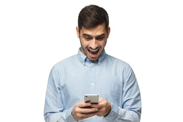 Young businessman looking at smartphone with surprise expression