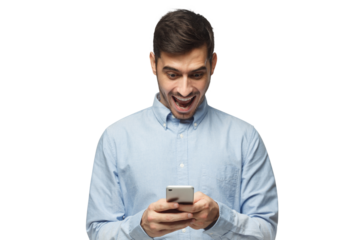 Young businessman looking at smartphone with surprise expression