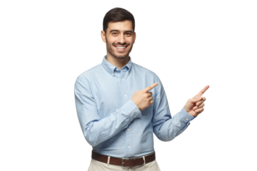 Happy smiling young businessman pointing away