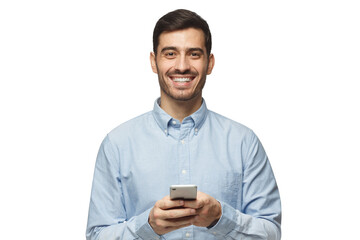 Portrait of positive businessman laughing out loud while using mobile phone