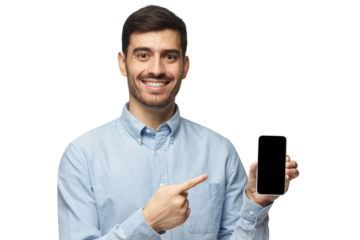 Young handsome smiling man holding and showing with finger blank phone with copyspace for ads of app