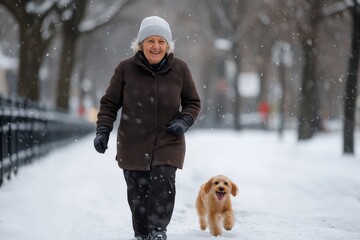 A smiling woman and her playful puppy stroll through a snowy landscape, creating images of joy, companionship, and warmth despite the falling snowflakes around them.