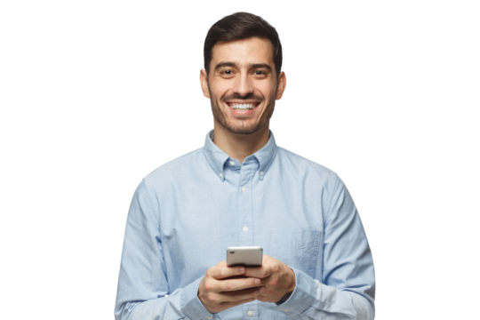 Portrait of positive businessman laughing out loud while using mobile phone