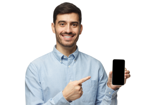 Young handsome smiling man holding and showing with finger blank phone with copyspace for ads of app