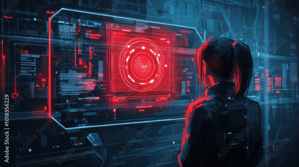 Poster a woman stands in front of a large screen displaying a glowing red circle and other digital data.