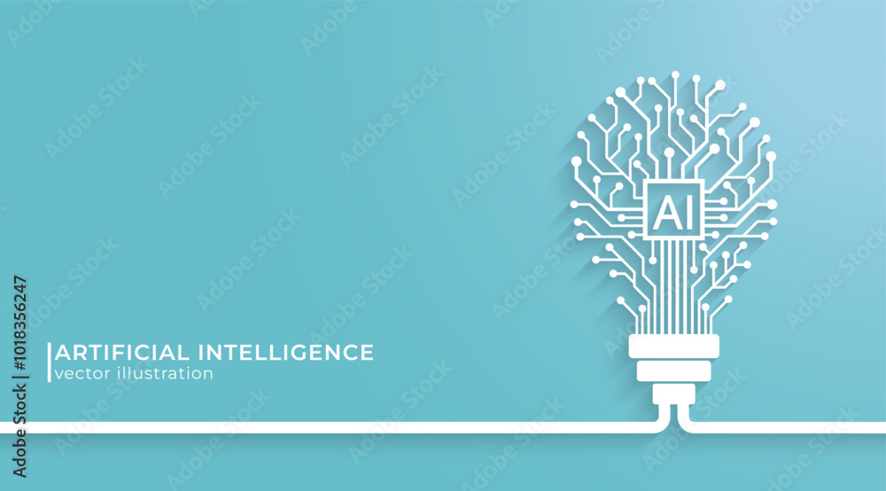 Poster Light bulb circuit line with AI chip and silhouette. Idea and innovation by AI. Artificial intelligence and Machine learning technology concept. Vector Illustration.