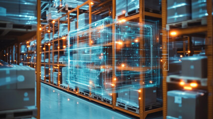 Fototapeta premium Smart warehouse management system using augmented reality technology to identify package picking and delivery . Future concept of supply chain and logistic business