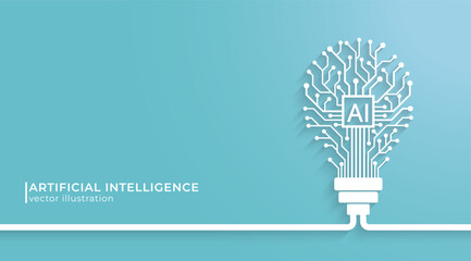 Light bulb circuit line with AI chip and silhouette. Idea and innovation by AI. Artificial intelligence and Machine learning technology concept. Vector Illustration.