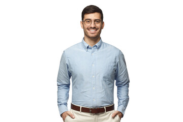 Portrait of young male teacher in blue shirе