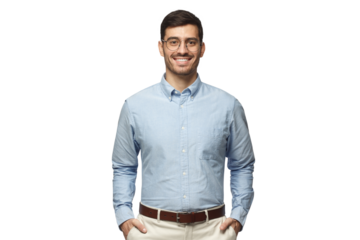 Portrait of young male teacher in blue shirе