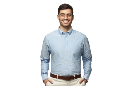 Portrait of young male teacher in blue shirе