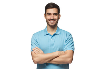 Smiling handsome man in blue polo shirt standing with crossed arms