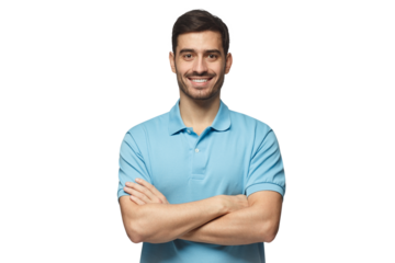 Smiling handsome man in blue polo shirt standing with crossed arms