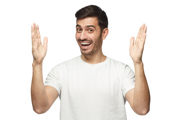 Young smiling man showing big size gesture with hands, emphasizing great amount of something