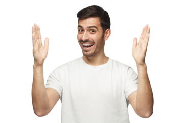 Young smiling man showing big size gesture with hands, emphasizing great amount of something