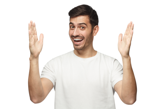 Young smiling man showing big size gesture with hands, emphasizing great amount of something