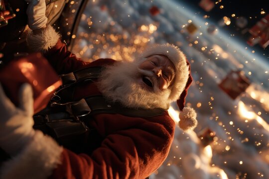 Santa enjoys a thrilling skyfall experience, tossing Christmas presents with glistening sparkles around, capturing seasonal joy and excitement in an airborne adventure.