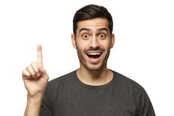 I have a great idea! Excited man keeping finger pointed upwards, making gesture with index finger