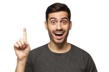 I have a great idea! Excited man keeping finger pointed upwards, making gesture with index finger