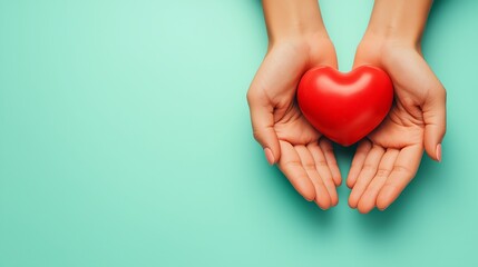  Female hands holding a red heart symbol on pastel background, representing love and care, perfect for health and charity concepts