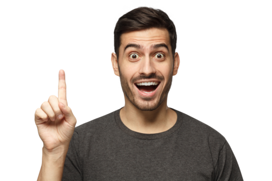 I have a great idea! Excited man keeping finger pointed upwards, making gesture with index finger