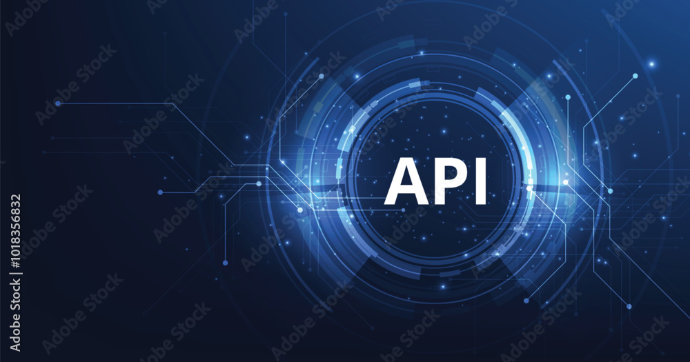 Fototapete (api) application programming interface on blue background. software development tools, information 