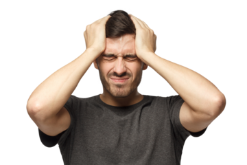 Young man showing how much head hurts, experiencing pain, looking miserable and exhausted. Headache concept.