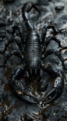 Black Scorpion Crawling Through Wet Rocks
