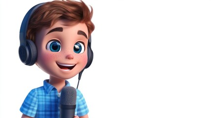Adorable voice actor cartoon character in a recording studio, wearing headphones, isolated on white