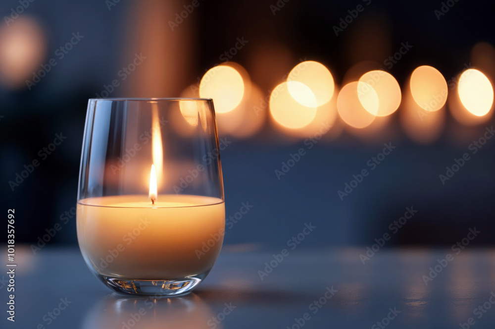 Aufkleber Candle burning on empty table with bokeh lights in background