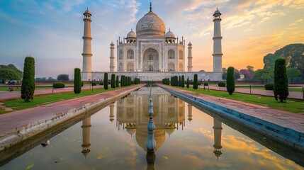 Fototapeta premium Majestic Taj Mahal Reflection at Sunrise