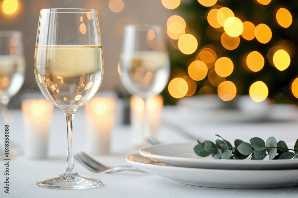 Poster Elegant christmas table setting with empty plates and glasses waiting for food