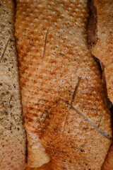  fresh duck breast with skin sliced for baking, top photo of duck breast skin texture as background, preparation for cooking, healthy home cooking, preparation for restaurant, 