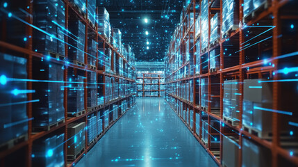 Smart warehouse management system using augmented reality technology to identify package picking and delivery . Future concept of supply chain and logistic business
