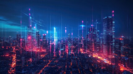 Obraz premium A futuristic cityscape at night with glowing lights and streaks of light emanating from the buildings, creating a sense of energy and innovation.