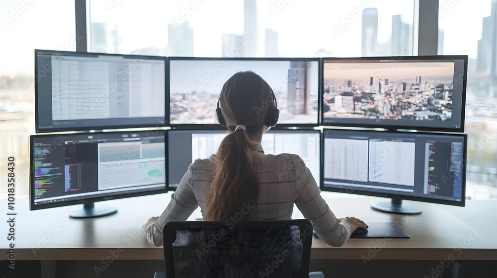Poster 1. a busy virtual assistant working on multiple screens in a modern office