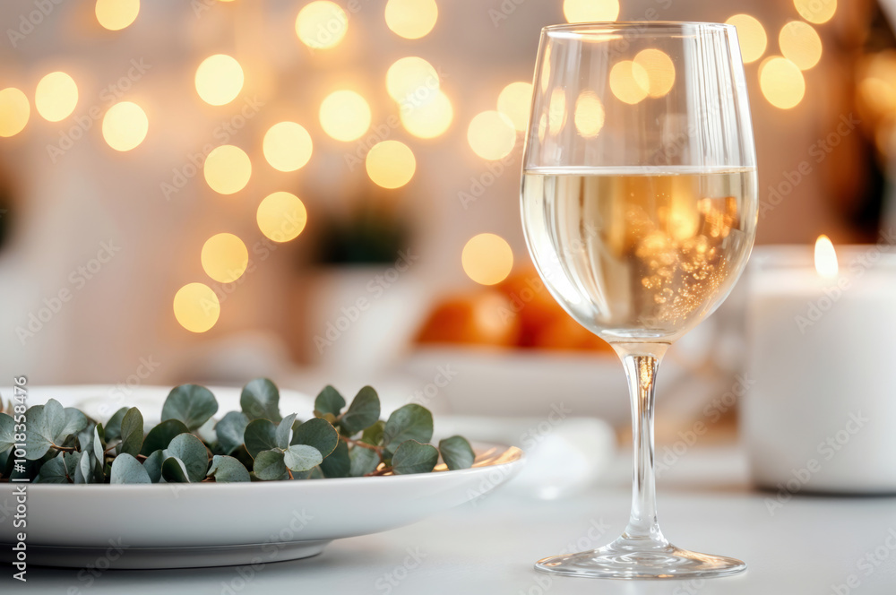 Poster empty table decorated with eucalyptus and wine glass sparkling on blurry background