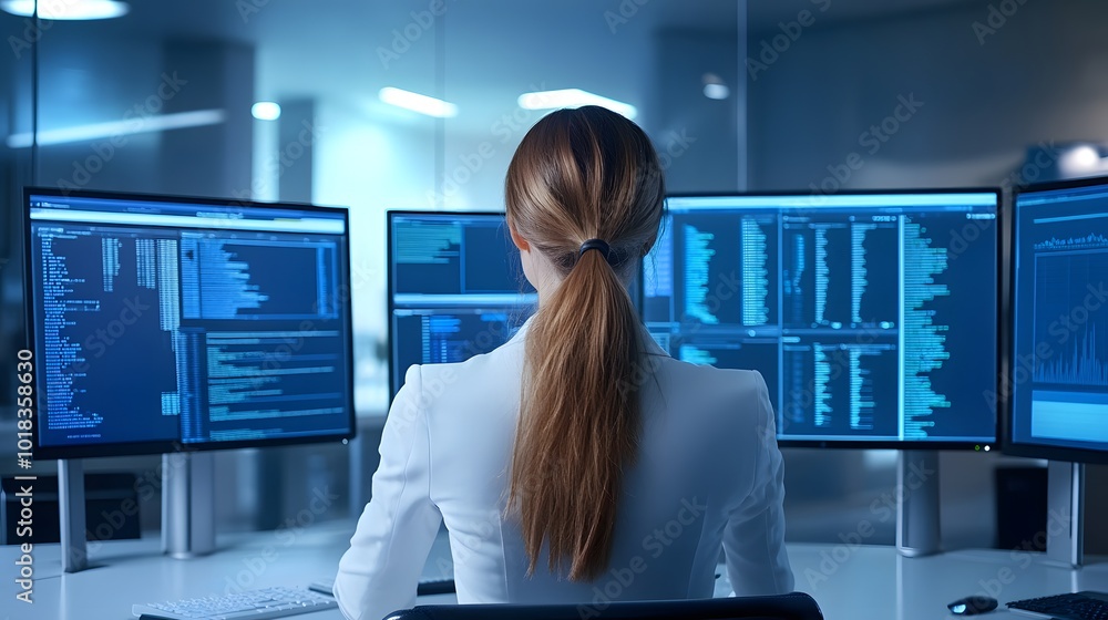 Poster 1. a busy virtual assistant working on multiple screens in a modern office
