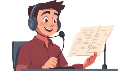 Cartoon voice actor with headphones and a script, recording in a booth, isolated on white background
