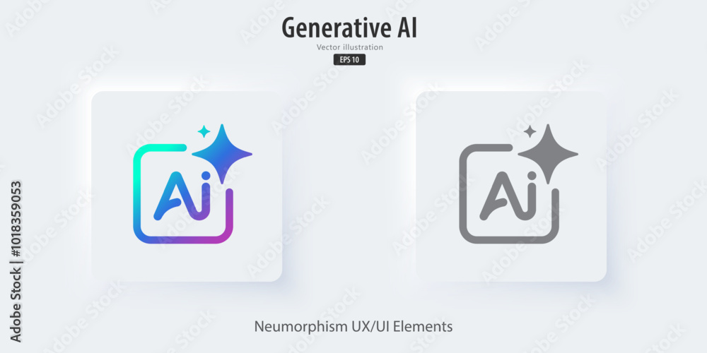 Poster Generate AI button. Buttons neumorphism style, with Generate AI symbols. Press buttons to generate ideas. Artificial intelligence and machine learning technology concept. Vector illustration.