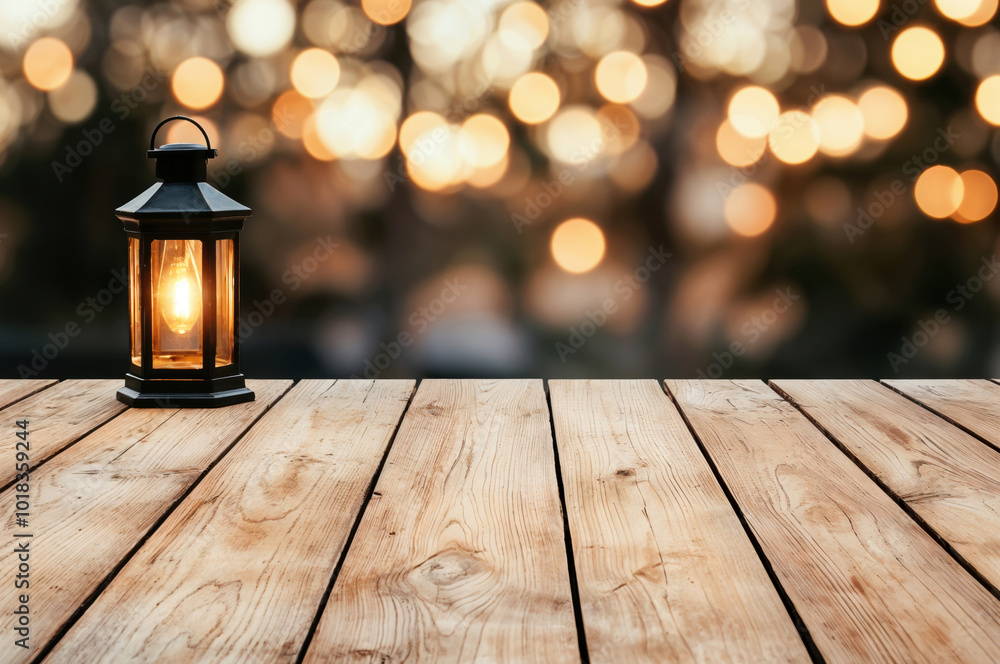 Poster lighted lantern standing on empty wooden table at night