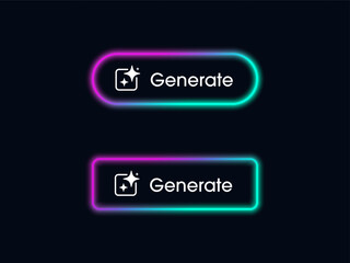 Generate AI button. Buttons neon color with Generate AI symbols. Artificial intelligence and machine learning technology concept. Press buttons to generate ideas Vector illustration.