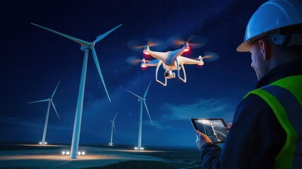 An operator controls a drone above wind turbines at night, showcasing technology in renewable energy.