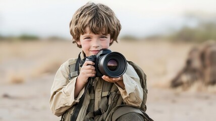 Obraz premium A boy dressed in safari gear, holding a camera and dreaming of becoming a wildlife filmmaker future wildlife filmmaker, nature storytelling