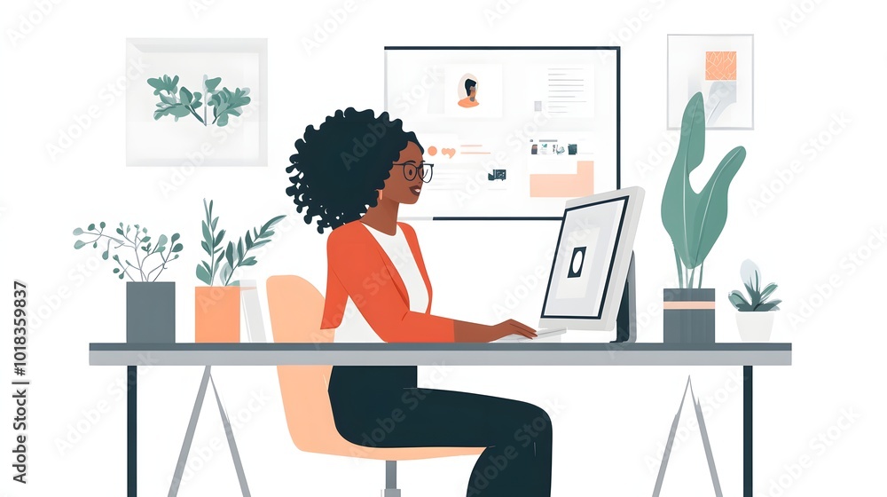 Poster 3. a virtual assistant interacting with clients via video call in a sleek workspace
