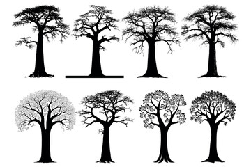 Black baobab tree silhouette Bundle vector design - silhouette set big pack of wild nature tree illustration